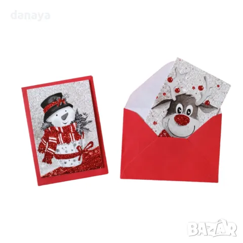 5290 Мини брокатени коледни картички с червен плик, снимка 2 - Декорация за дома - 47647823