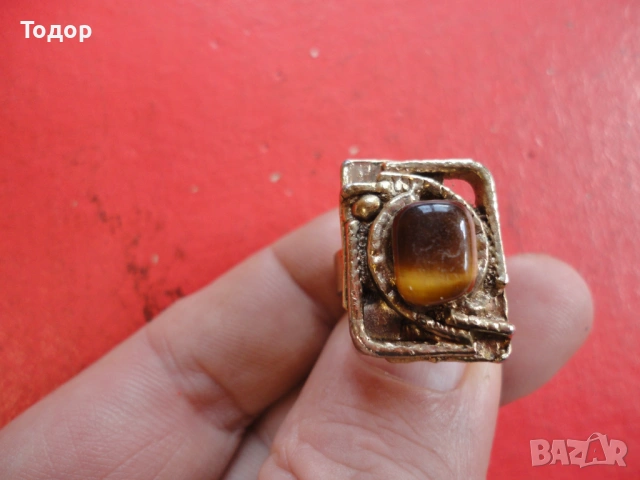 Позлатен пръстен с естествен камък , снимка 6 - Пръстени - 53302520