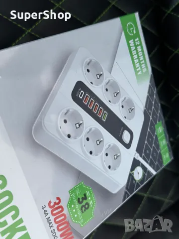 Качествен разклонител с 6 гнезда 2 метра зарядно за телефон Type-C USB, снимка 4 - Друга електроника - 49928345