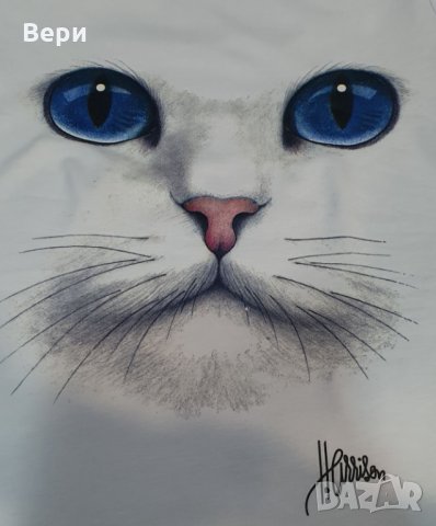 Страхотна нова дамска бяла тениска с 3D принт Котка със сини очи, снимка 8 - Тениски - 29126635
