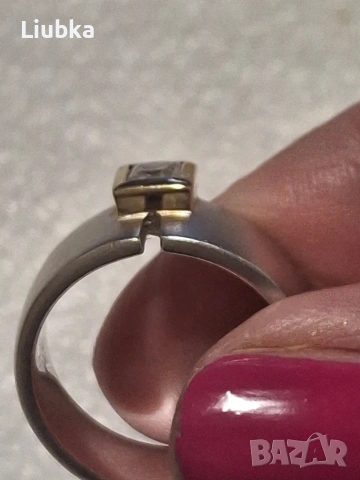 сребърен пръстен с позлата и циркон, снимка 2 - Пръстени - 53977982