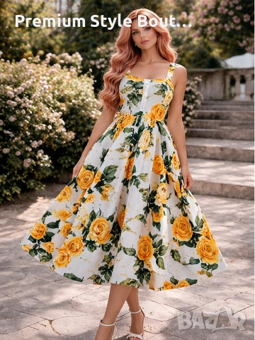 Дамска миди рокля с жълти рози D&G – ретро елегантен флорален модел, снимка 3 - Рокли - 54003815