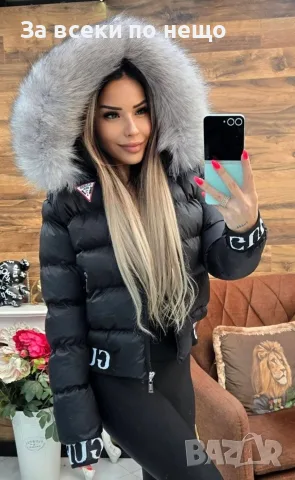 Guess Дамско Черно Зимно Яке С Естествен Пух На Качулката Код W.S.O.2