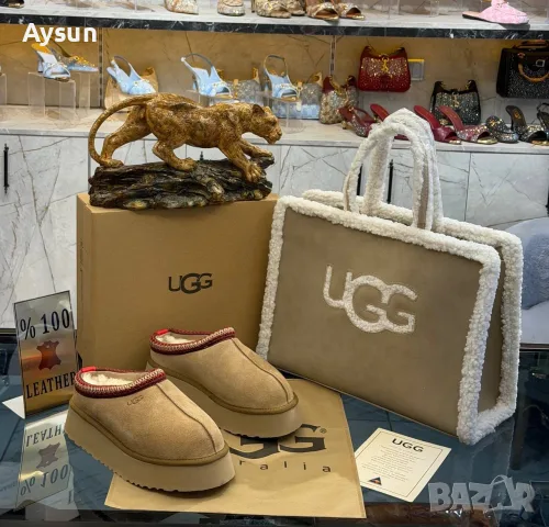 Естествена кожа боти UGG и чанта сет 