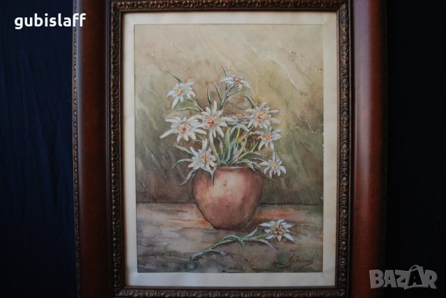 Стара картина, рисунка, ваза с цветя, Хр. Гайчев, 1980-те г., снимка 2 - Картини - 31449317