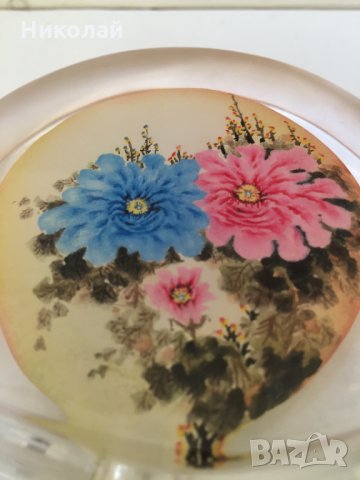 Китайски кристал за декорация с цветя "Божури", ръчно рисуван отвътре авторски уникат 2003г. , снимка 3 - Декорация за дома - 31683543