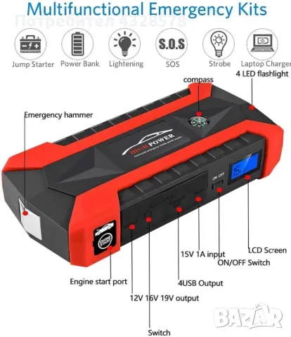 Стартерно устройство high power jump starter за кола, 89800 mAh, 4 USB, снимка 8 - Аксесоари и консумативи - 48476492