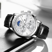 Lige Design Silver Black 8953 Луксозен мъжки кварцов часовник с кожена каишка, снимка 4 - Мъжки - 40874648