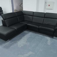 Черен кожен ъглов диван "Boreas" с релаксиращ механизъм, снимка 3 - Дивани и мека мебел - 39394554