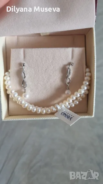 Обеци и гривна , бели плоски перли , снимка 1