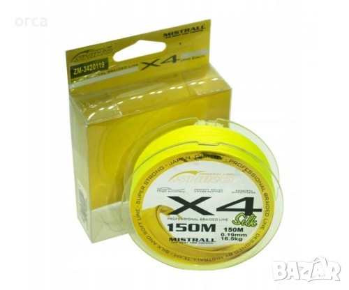 Плетено влакно Mistrall Shiro X4 150м Жълт спининг джиг ULX риболов, снимка 1