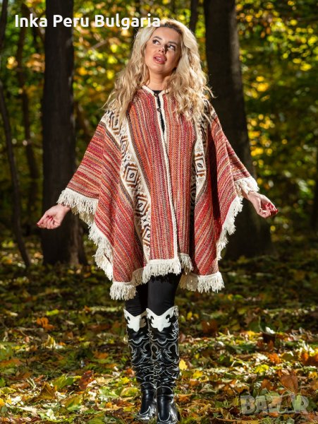 Автентичнo еквадорско унисекс отворено пончо, 100% вълна, оранжево-червено , снимка 1