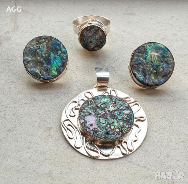 Стилен арт комплект от сребро и кралски седеф, авторска бижутерия, снимка 1