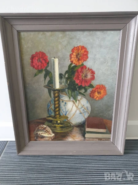 Haselstrom 48х40см/стара картина масло върху платно/натюрморт-цветя-свещник-книги/1943/дървена рамка, снимка 1