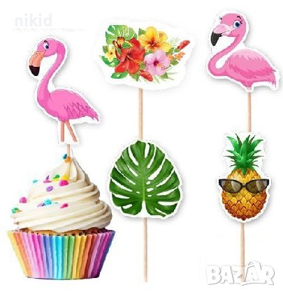 10 бр Фламинго Ананас Хаваи Хавайско парти топери клечки за мъфини декорация и украса, снимка 1