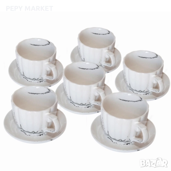 Комплект керамични чаши Сервиз от шест чаши с чинийка за топли напитки, чай или кафе, в красива карт, снимка 1