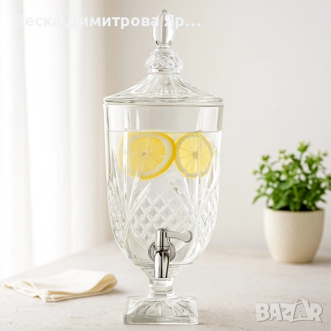 Луксозен стъклен диспенсър за сок и напитки 3L с капак и кранче, снимка 6 - Други - 51821381