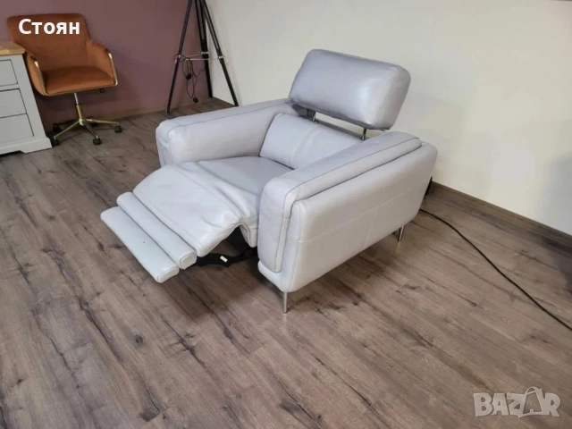 Сив кожен фотьойл с електрически релаксиращ механизъм, снимка 8 - Дивани и мека мебел - 52010545