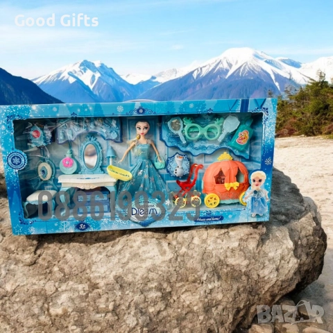Голям комплект Елза от „Замръзналото кралство“ с каляска, мебели и аксесоари