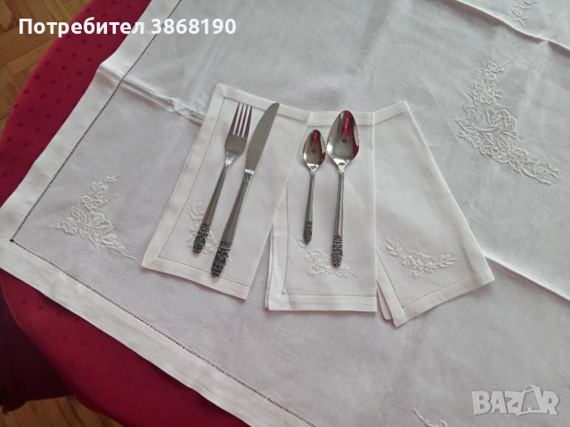 Бяла ленена бродирана покривка за маса с 6 луксозни салфетки, снимка 3 - Покривки за маси - 43831035