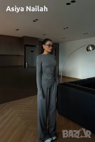 Дамски сив сет от две части – блуза с асиметричен дизайн и панталон, снимка 3 - Комплекти - 52795113