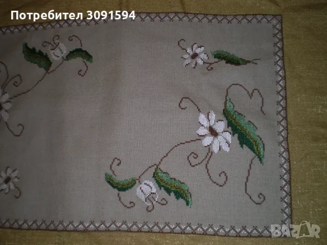 Винтидж  Ръчно бродиран ленено каре тишлаифер  , снимка 4 - Покривки за маси - 49441769