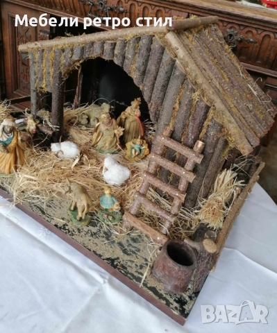 Винтидж ръчно изработен комплект от естествено дърво и декориран със слама. Рождество Христово., снимка 8 - Антикварни и старинни предмети - 52653365