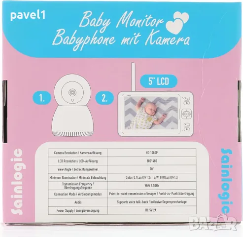 Sainlogic видео бебефон с камера, 1080P FHD 5-инчов LCD дисплей, дневен и нощен режим, снимка 8 - Бебефони - 48109037
