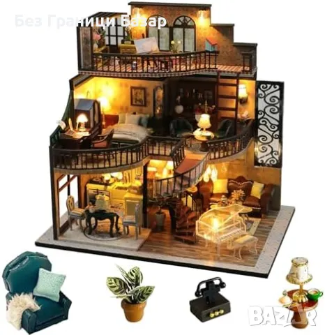 Нов Миниатюрен DIY комплект къща с мебели и LED за декорация подарък