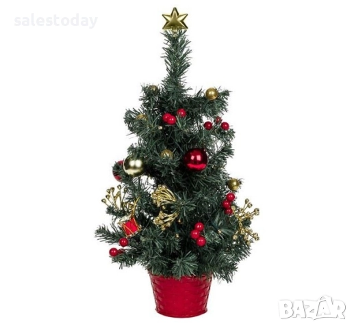 Елха с червени топки и подаръци, Декоративна светеща елхичка с 20 LED лапички, 50см