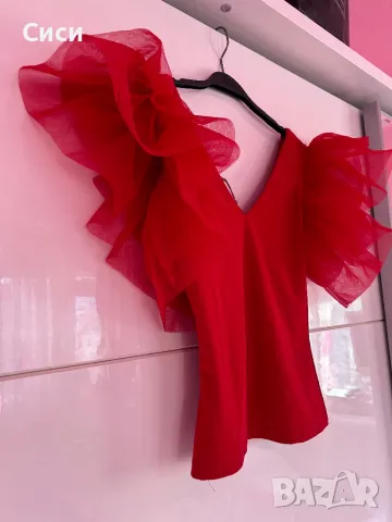 Червена блуза с тюл Кикирики, снимка 3 - Блузи с дълъг ръкав и пуловери - 48115443