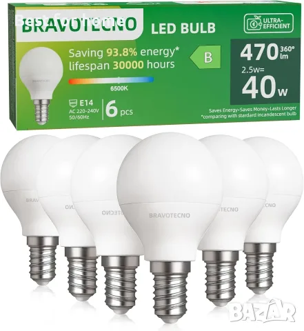 LED крушка E14, енергиен клас B, LED E14 студено бяла 6500K, 2.5W 470LM G45, еквивалентна на 40W
