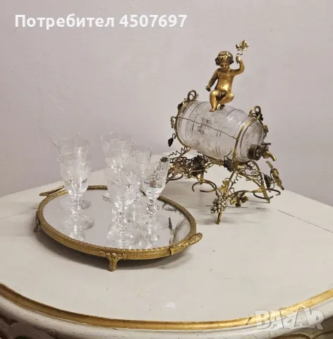Уникален античен френски сервиз за ликьор „Наполеон III" — кристално буре с херувим и 6 чаши., снимка 6 - Антикварни и старинни предмети - 55891228