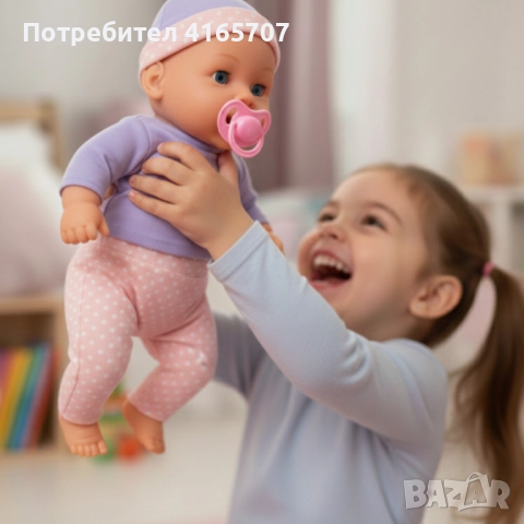 Легнало бебе с биберон и 10 звука – нежна коледна играчка за грижа и обич Babylove