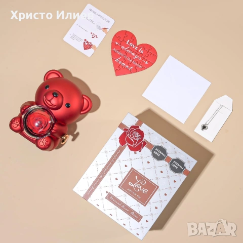 Подаръчна кутия мече с вечна роза комплект със сребърно колие сърце с черен камък, снимка 5 - Колиета, медальони, синджири - 53266836