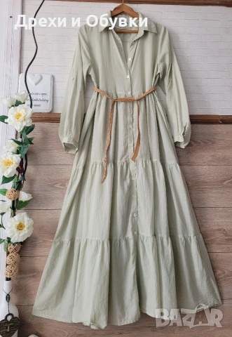 Дълга лятна рокля памучна материя в светло зелен цвят шведски бранд