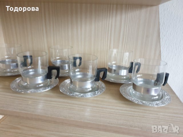 Ретро чаши за чай от йенско стъкло с метални подложки, снимка 4 - Сервизи - 35069921