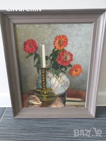 Haselstrom 48х40см/стара картина масло върху платно/натюрморт-цветя-свещник-книги/1943/дървена рамка