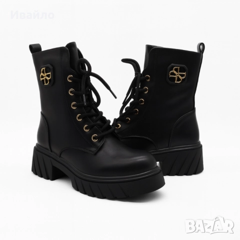Дамски черни боти от еко кожа със златист акцент и масивна подметка, снимка 3 - Дамски боти - 52203218