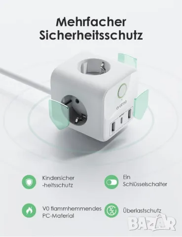 ORAIMO 6-в-1 Смарт многопортов захранващ куб/20W бързо зареждане/1,5 м кабел EU, снимка 5 - Оригинални зарядни - 49308632