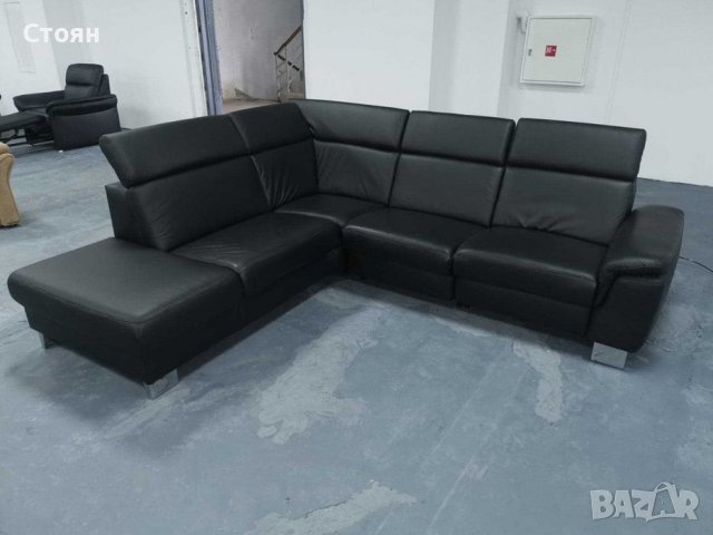 Черен кожен ъглов диван "Boreas" с релаксиращ механизъм, снимка 3 - Дивани и мека мебел - 39394554