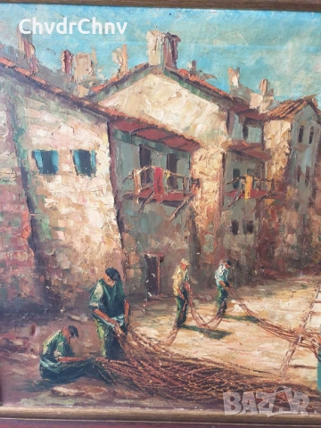 Sirokos 110х70см Сиорокос/стара гръцка голяма картина масло върху платно/морски пейзаж/рибари-лодки, снимка 2 - Картини - 52207867