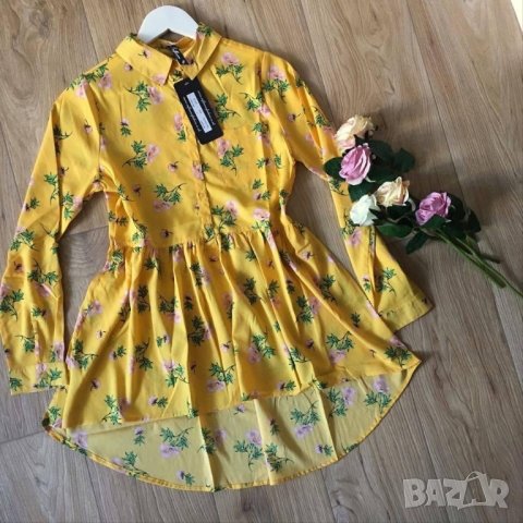 Разпродажба!Елегантна дълга дамска риза с флорални мотиви цветя жълта разкроена с дълъг ръкав S-S/M , снимка 5 - Ризи - 40689802