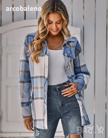 Дамско ежедневно карирано яке с колан, снимка 2 - Якета - 51884154