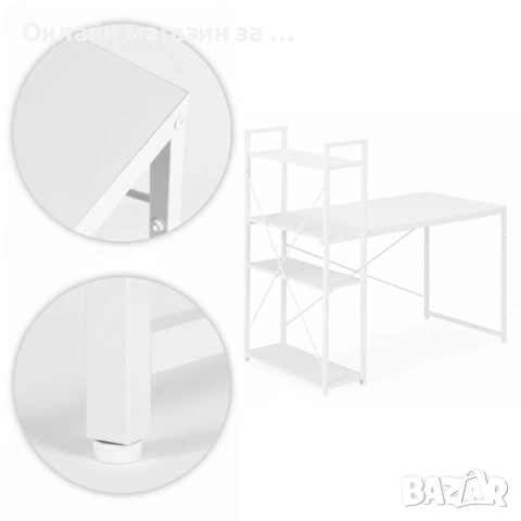 Компютърно бюро ModernHome, дървено, с рафтове за съхранение, бял, подсилена метална конструкция, снимка 7 - Бюра - 53381009