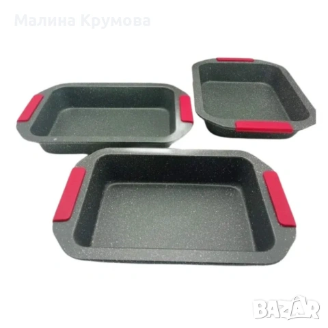 Комплект 3 тави за печене Cheffinger с мраморно покритие и силиконови дръжки – здрави, удобни и спес, снимка 2 - Съдове за готвене - 53174913