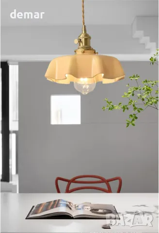 NICRX 250 mm стъклена висяща лампа с жълто цвете, висяща лампа от златен месинг и стъкло, снимка 3 - Лампи за таван - 47745485