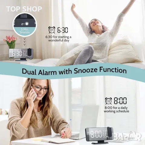 Прожекционен будилник LED дигитален,FM радио,температура и влажност,USB порт за зареждане,огледален, снимка 7 - Друга електроника - 48804898