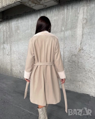 Зимно палто с колан и пух по ръкавите и яката , снимка 2 - Палта, манта - 50452546