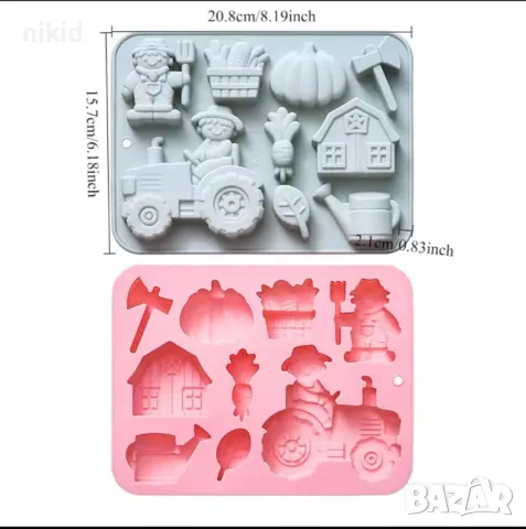 Ферма Фермер трактор лейка брадва тиква ряпа силиконов молд форма фондан гипс шоколад, снимка 3 - Форми - 49996349